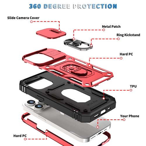 For iPhone 16 15 14 13 12 Pro Max Card Ring Stand Slide Camera Shockproof Case - Picture 58 of 94
