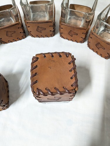 Set 7 Square Glasses Rocks Old Fashioned Lowball Tooled Leather Sleeves w Horses - Picture 8 of 9
