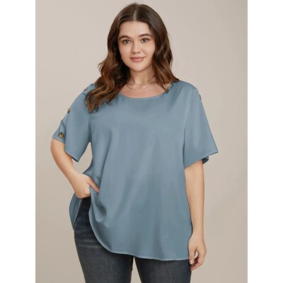 Bloomchic Plain Round Neck Button Detail Blouse Stone Blue 14-16