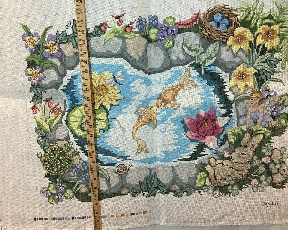 Beautiful JUNIKO Handpainted Needlepoint Canvas 28 1/2” X 41” Fairies bunnies - Image 3 of 4