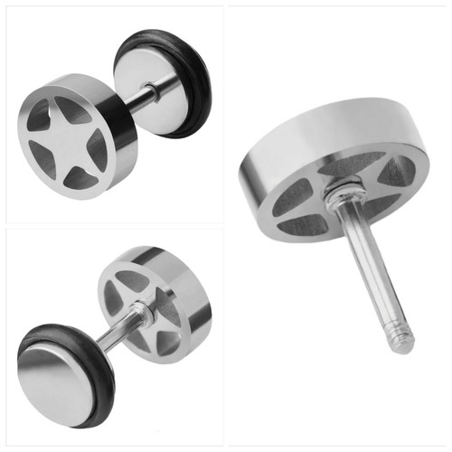 Stainless Steel Star Round Ear Stud Earrings Black Punk Men Women Earrings PAIR - Picture 4 of 14
