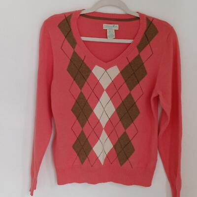 Caribbean Joe Womens Sweater Sz Petite L Pink Argyle Plaid Academia Preppy Vneck
