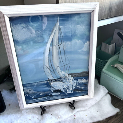 ''SAILING'' CANVAS, HANDPAINTED BEACHY DECOR  FRAMED ARTWORK, SAILBOAT, OCEAN