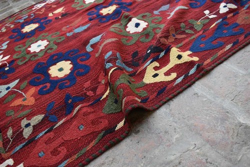 Red Vintage Afghan Uzbeki Wool Kilim Rug 4x6 Handwoven Vintage Oriental Area Rug - Picture 7 of 10