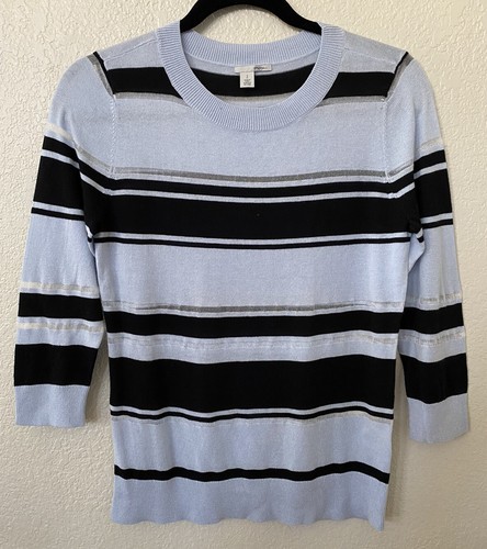 New HALOGEN Crewneck Sweater Three-quarter sleeves In Blue W/stripes Size PS - Picture 1 of 10
