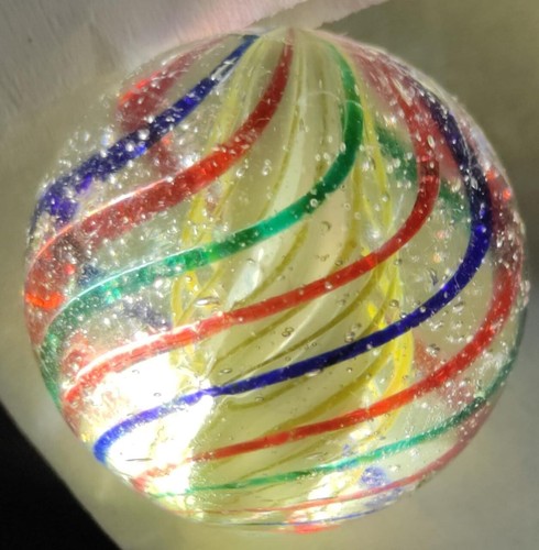 TOY MARBLE 1'' 3 level, white divided core ,yellow latticinio, &8 ribbons 4 +2+2 - Picture 20 of 24