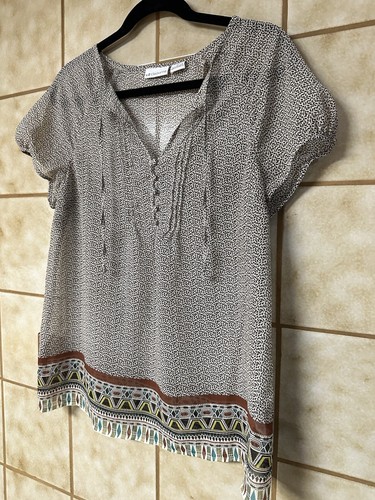 Liz Claiborne Women’s Boho Retro Peasant Artsy Preppy Tribal Blouse, Brown Sz M - Picture 4 of 9