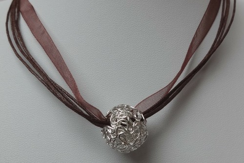 SILBER PERLE HALSKETTE KETTE ORGANZA KUGEL DRAHTKUGEL SCHMUCK BRAUN DUNKEL ERDE - Bild 1 von 17