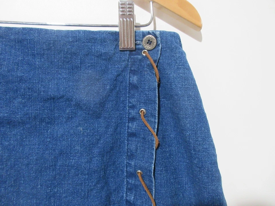 Talla XL ÚNICO Y2K Vintage LINO Mezcla Falda Azul Denim Cambray ENVOLTURA SINTÉTICA Pull On Foto 2 de 4