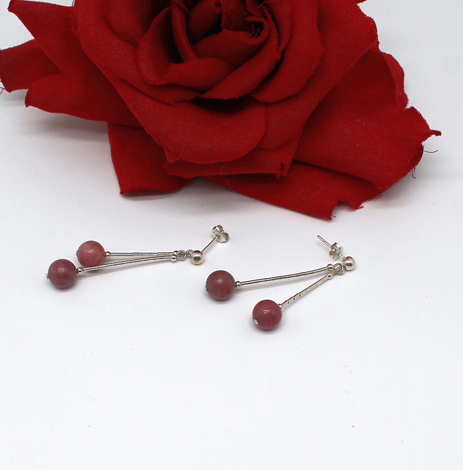 Sterling Silver Dangling Rhodonite 5.26g Pierced Earrings Cat RESCUE eBay