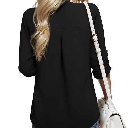 Womens Blouses 3/4 Cuffed Sleeve Chiffon V Neck Casual Soft Solid Shirts Tops - Picture 7 of 14