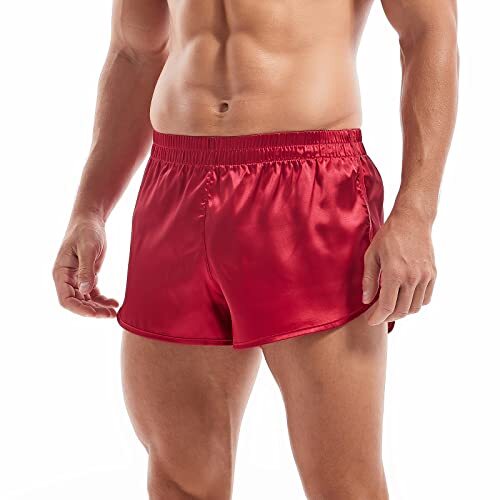 Mens Satin Shorts Silk Boxers Sexy Split Side Lounge Shorts 3 Inch Medium Red - Picture 2 of 7