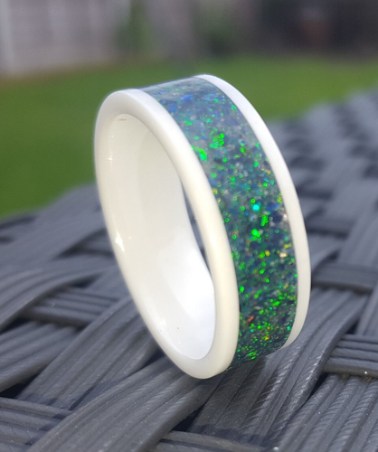 Green Opal In A white ceramic ring jewellery wedding ring Engagement Anniversary - Picture 5 of 13