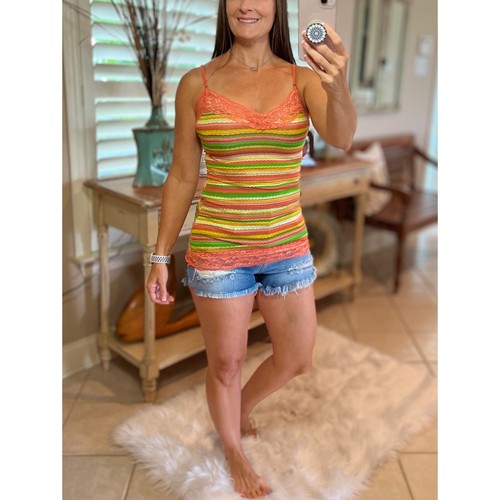 Sexy Striped Low Cut Cleavage Retro Lace Summer Tank Cami Top Tunic Peach S/M/L - Picture 5 of 6