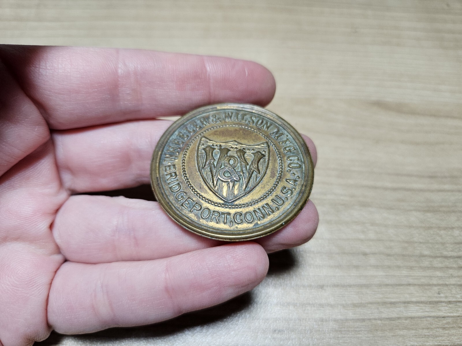 Vintage Wheeler & Wilson Mfg Co Bridgeport CT Sewing Machines Brass? Emblem