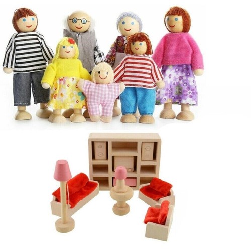 7 Room People Wooden Furniture PlaySet Dolls House Miniature Doll Toys Kids - Picture 38 of 39