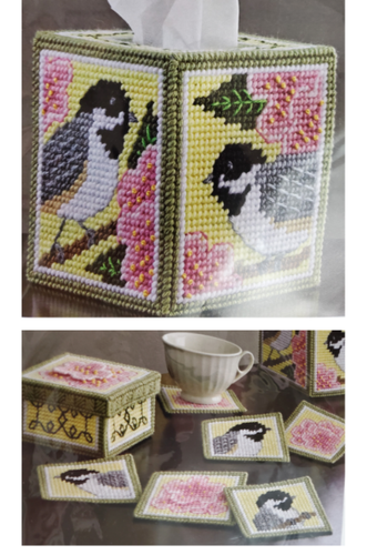 Mary Maxim Chickadee Tissue Box Cover 25071 or Coaster set 25075-you choose NEW