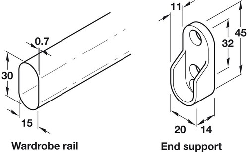 864mm Oval Wardrobe Rail & Supports for 900mm Wardrobes, 30x15x0.7mm - Picture 2 of 2