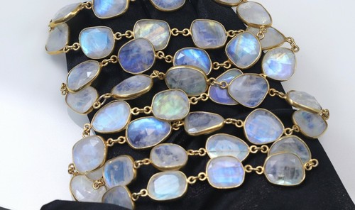 Moonstone Necklace Large Facet  36 Inch AAAA 14k Gold filled Bezel Blue Rainbow - Picture 1 of 2