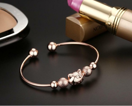 Women Rose Gold Hello Kitty Cat Open End Cuff Bangle Bracelet - Picture 2 of 3