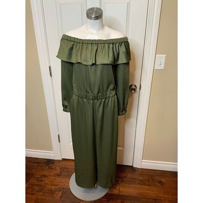 Ted Baker Green Satin Michale Bardot Ruffle Jumpsuit Size Medium (3) NWT $199