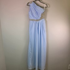 Light Blue One Shoulder Rhinestone Embellished Chiffon Maxi Prom Dress Gown