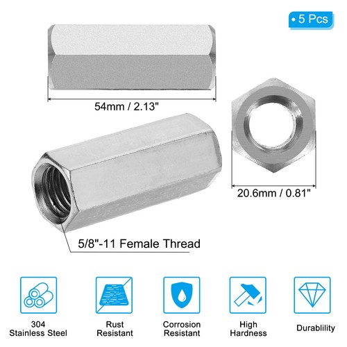 5 Stück 5/8"-11 UNC Sechskant-Überwurfmuttern 2,13 Zoll lang Vollgewindestange Überwurfmutter - Bild 2 von 7