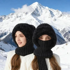 Women One Piece Slouchy Fleece Beanie Hats Scarf Mask Warm Winter Knitted Hat