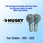 A01-A23. Pair of replacement keys for Husky Toolbox Locks, Cut to your code.
