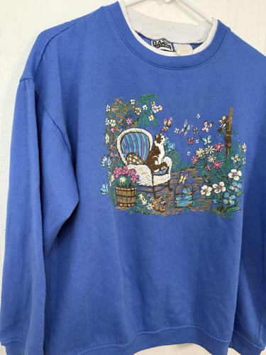 Vintage Basic Editions Grandmacore Sweater Cat Sitting Butterflies Blue Size L - Picture 5 of 9