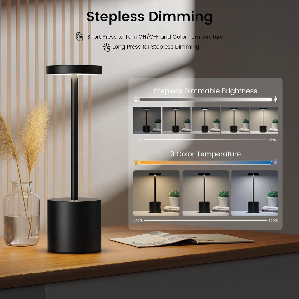 Pack de 2 Lámparas de Mesa Recargables, Lámpara de Mesa LED Inalámbrica, Batería 5000mAh Opera... Foto 4 de 4