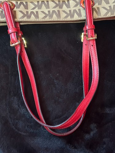 Bolso de Mano Michael Kors MK Monograma Beige Marrón Logo Rojo Cuero Asas Cartera - Imagen 7 de 7