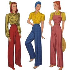 1940s Pattern, Land Girl High Waist Slacks & Overalls - Bust=38" (97cm)