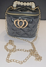 Willow Ruby Vinyl Quilted Mini Bucket Bag Heart Emblem Faux Pearl Handle