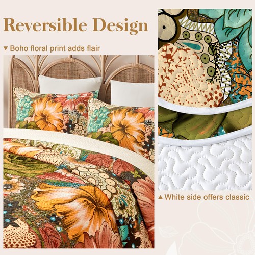 Boho Floral Quilt Sets King Size Reversible Mid Century Quilt Bedding Set Boh... - Picture 3 of 8