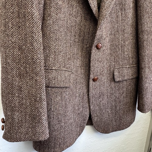 Blazer vintage Harris tweed uomo 42 lungo marrone marrone marrone marrone cappotto sportivo spina di pesce