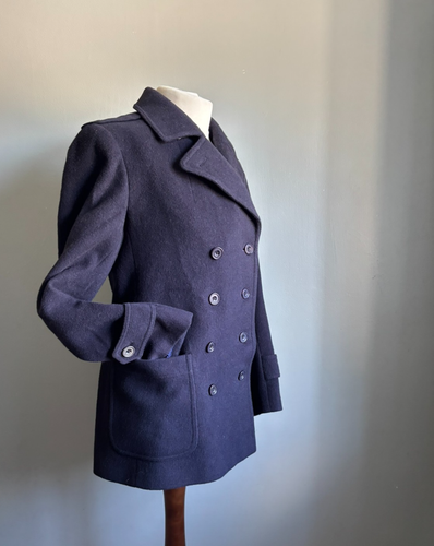 JAEGER camel hair wool JACKET PEACOAT 12 10 vintage navy blue regiment - Picture 13 of 23