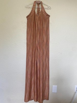 Alexis Orange Rib Knit Sleeveless Belted Jumpsuit, Size Large Open Back Stretch