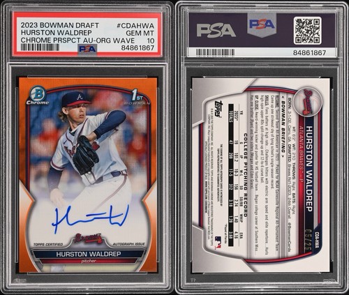 2023 Bowman Draft Hurston Waldrep Orange Wave Auto PSA 10 /25 Braves - Picture 3 of 3