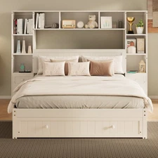Full Queen Size Platform Bed with Bookcase Headboard All-in-One Wall Cabinet Bed
