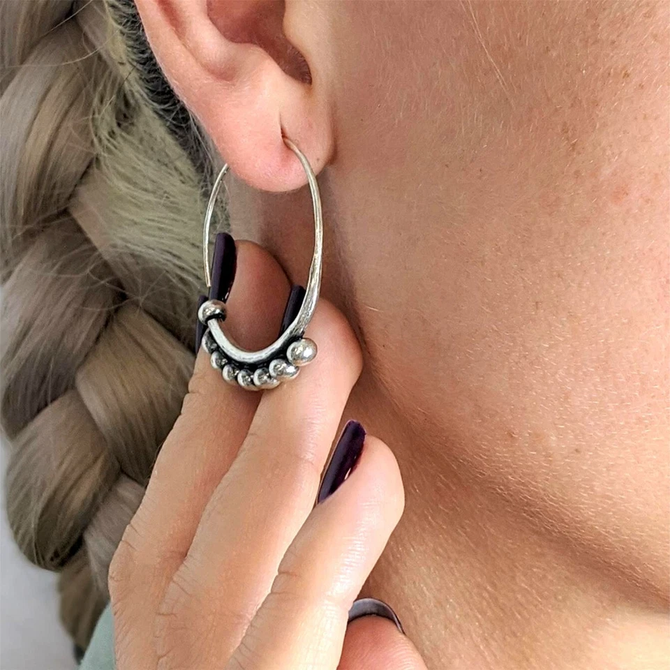 81stgeneration Argento Fine .999 Hill Tribe Orecchini a Cerchio Perline Palle - Immagine 3 di 4