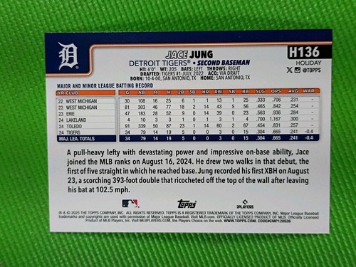 2025 Topps Holiday Jace Jung Rookie Card #H136 Detroit Tigers⚾ - Bild 6 von 8