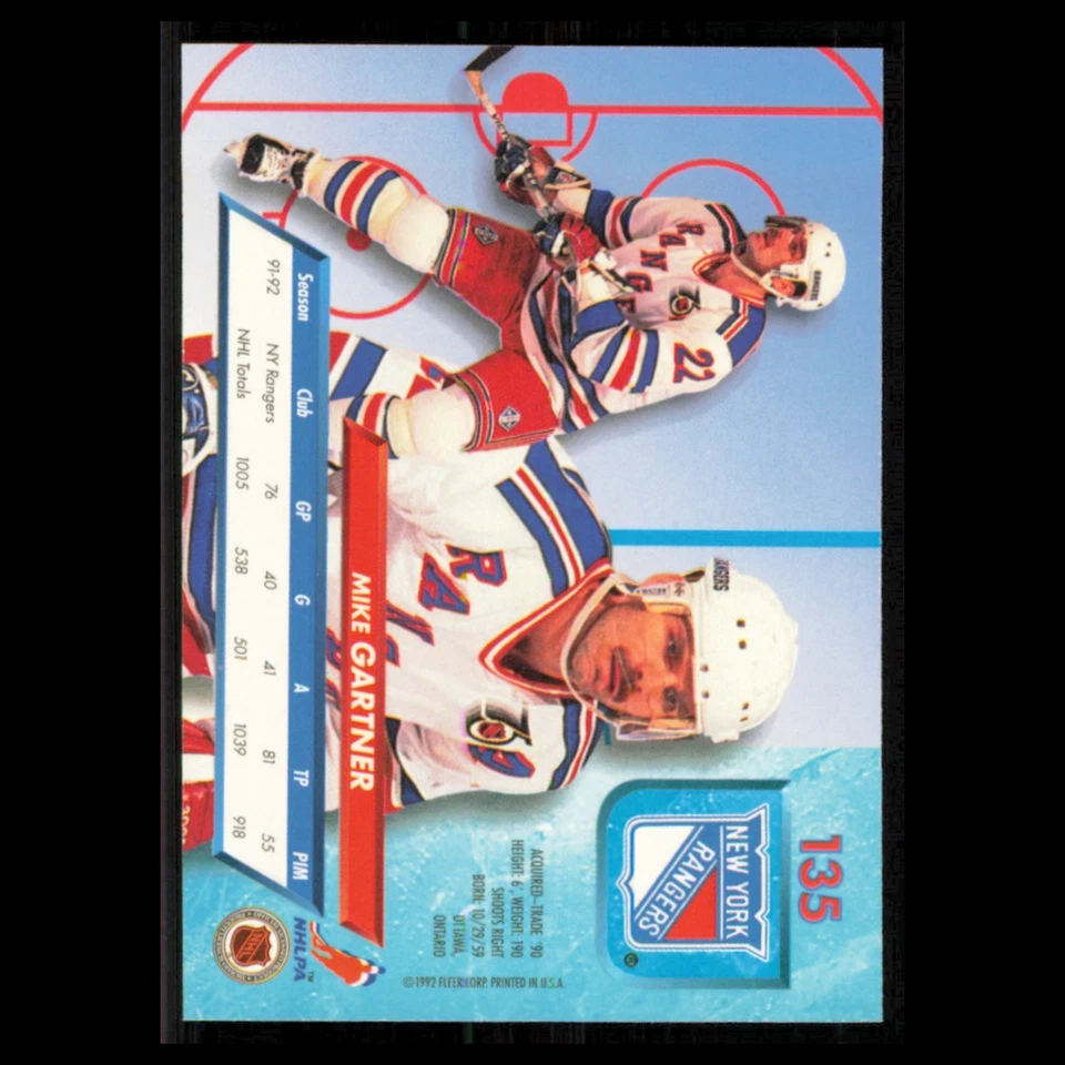 Mike Gartner #135 1992 Fleer Ultra New York Rangers Hockey Card NHL NM - Image 2 of 3