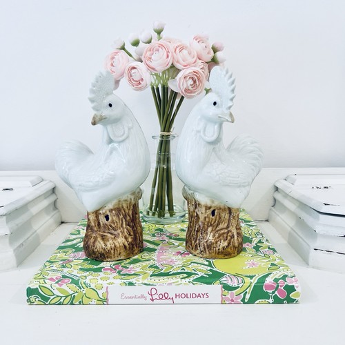 Vtg Pair Chinese Export Rooster Figurines Majolica Chinoiserie Set Of 2 Chicken - Picture 1 of 12