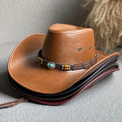 Mens Faux Leather Fashion Bucket Cap Cowboy Fedora Hat Wide Brim Outdoor Hats - Picture 3 of 18