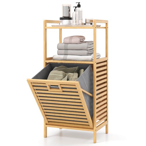 Tilt-out Laundry Hamper w/ 2-Tier Shelves & Tilt-out Basket Bamboo Organizer - Picture 1 of 10