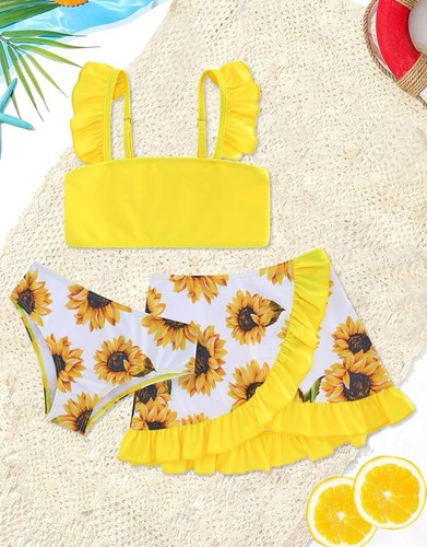 Girls Bathing Suits 3 Piece Swimsuit Summer Bikini Tankini Sets with Cover Skirt - Picture 4 of 5