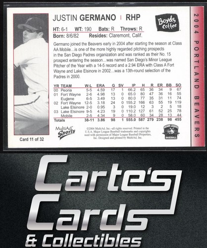 Justin Germano 2004 MultiAd Portland Beavers #11 Portland Beavers - Picture 2 of 2
