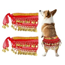 2Pcs Dog Belly Dancer Skirt Waist Chain Hip Curtain Clothes Red