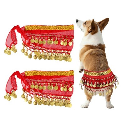 2Pcs Dog Belly Dancer Skirt Waist Chain Hip Curtain Clothes Red